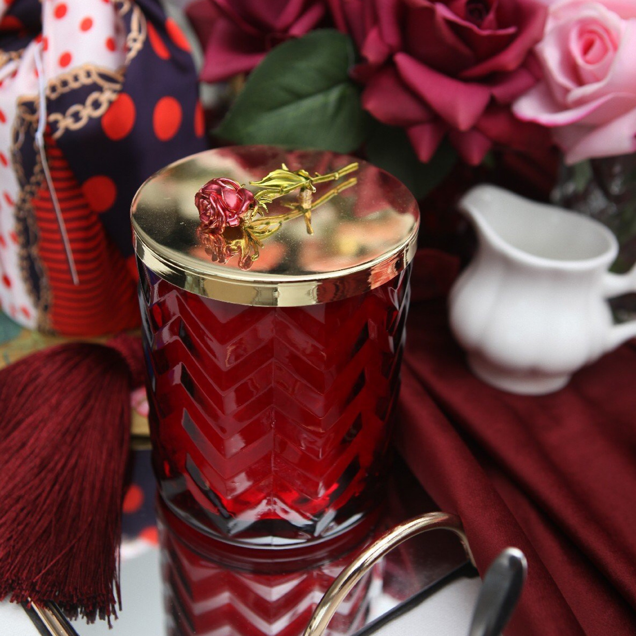 Côte Noire Red Herringbone Candle With Scarf & Rose Lid – C'estbien ...