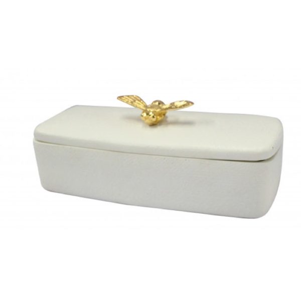 Textured White Trinket Box with Gold Bee